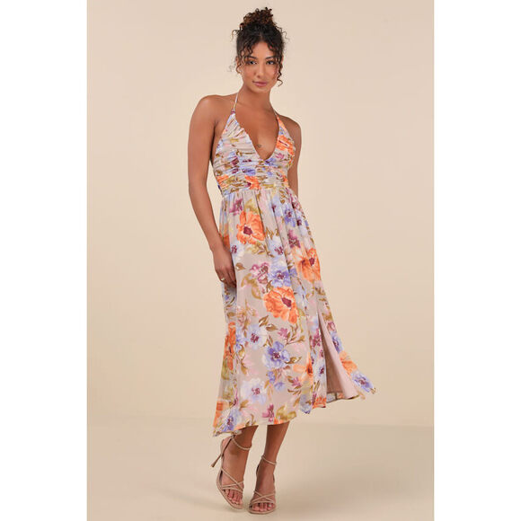 Lulus Danelle Taupe Floral Halter A-line Midi Dress - Size L - Picture 1 of 1